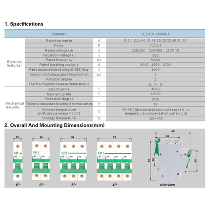 6 AMP EBI Circuit Breaker MCB | Single Pole specifications